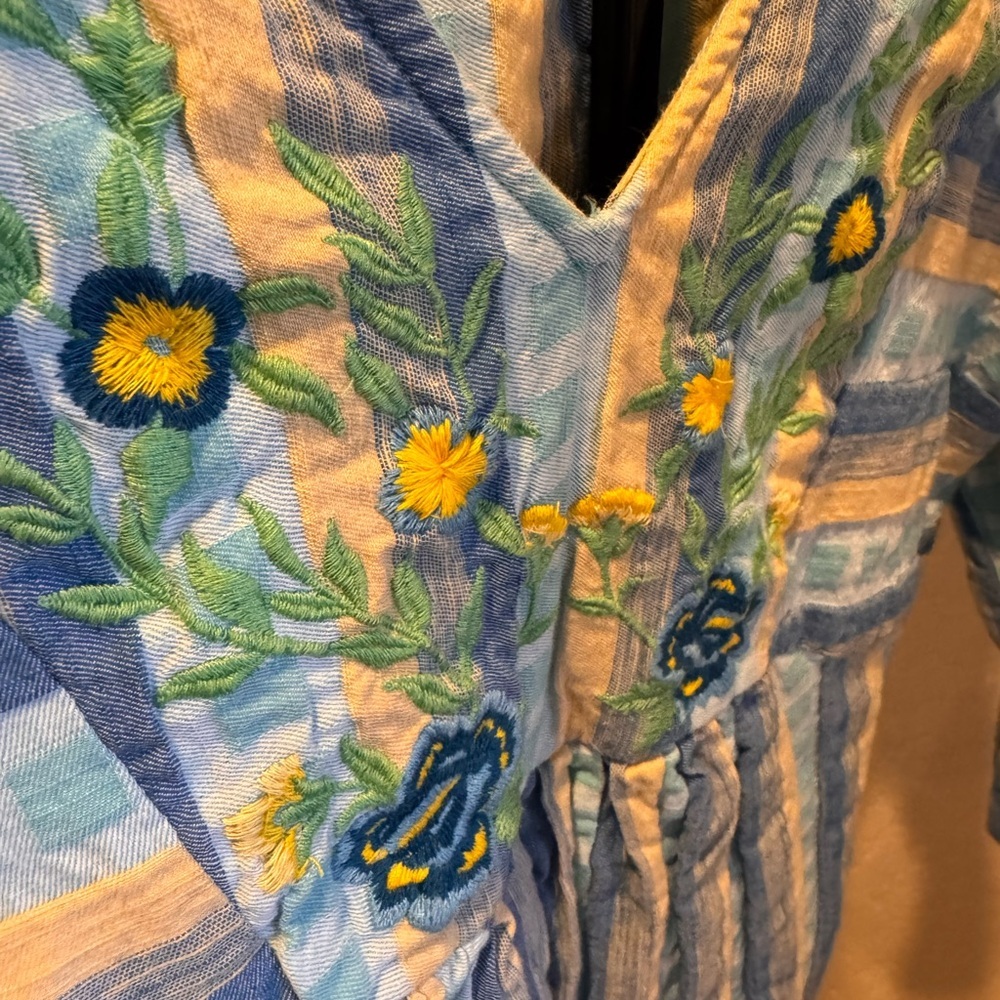 Reba Blue, Yellow & White Striped Floral Embroidered Midi Dress With Pockets - Picture 3 of 7